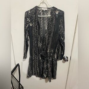 IRO Black Patterned Long-Sleeve Silk V-Neck Mini Dress